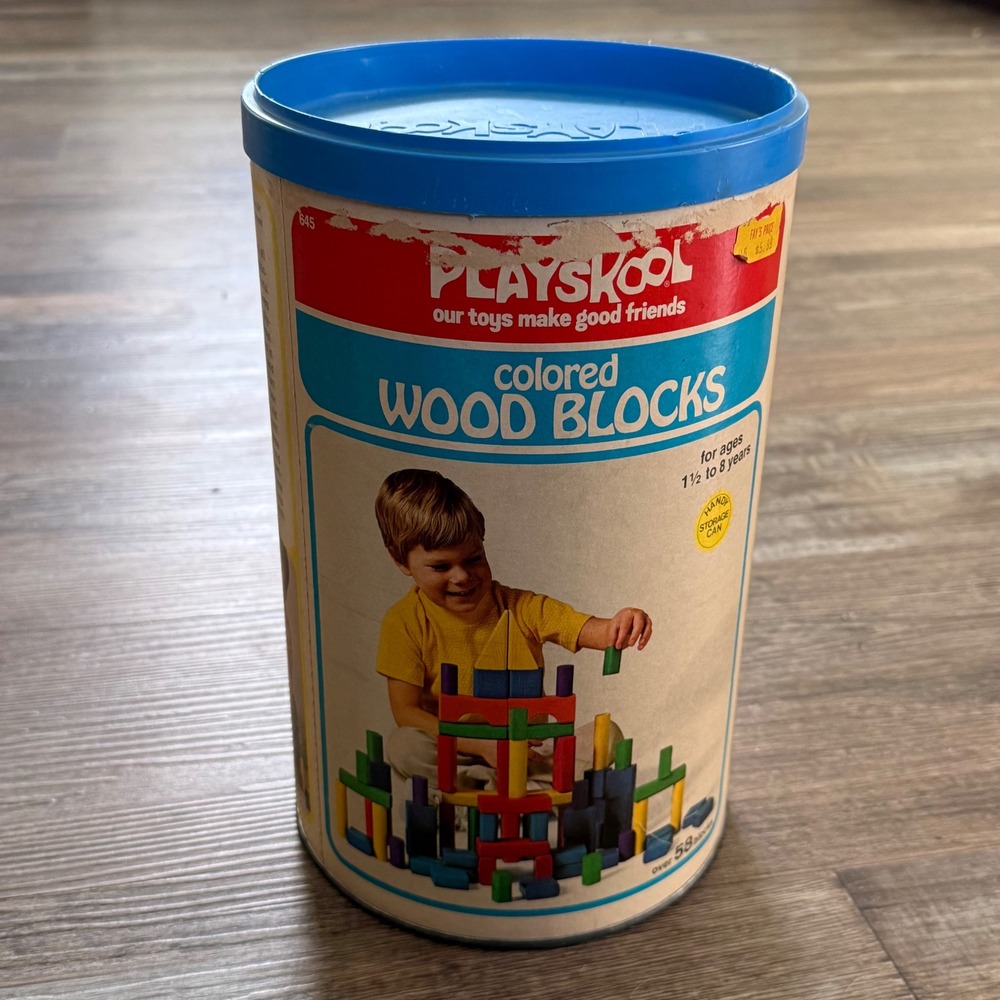 Vintage 1978 Playskool Colored Wood Blocks 645 Original Storage Canister USA